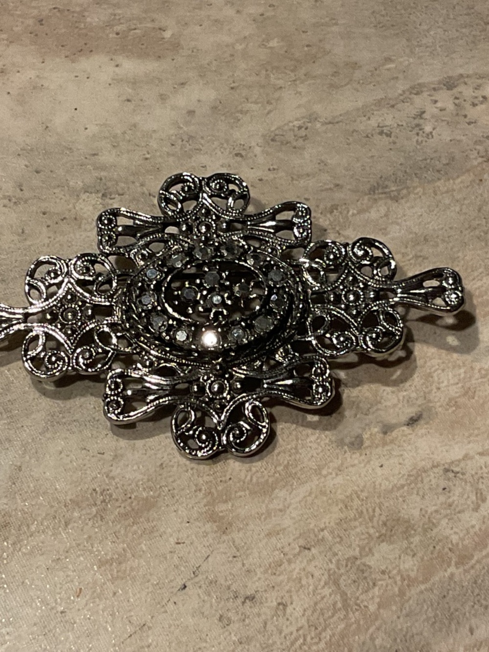 Vintage Filigree Oval Brooch Crystals 3” long silvertone